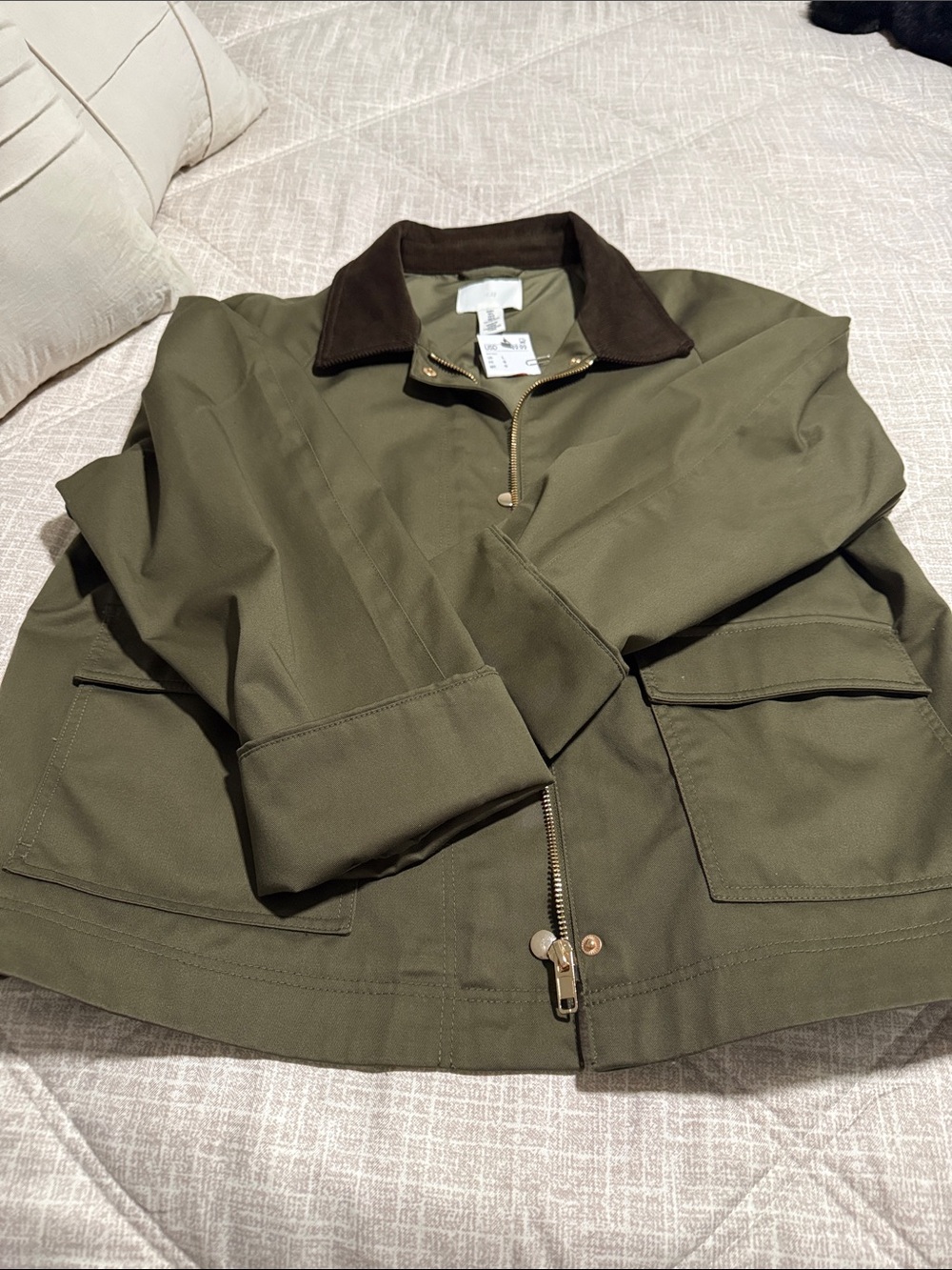 H&M Olive Green Utility Jacket with Dark Brown Collar